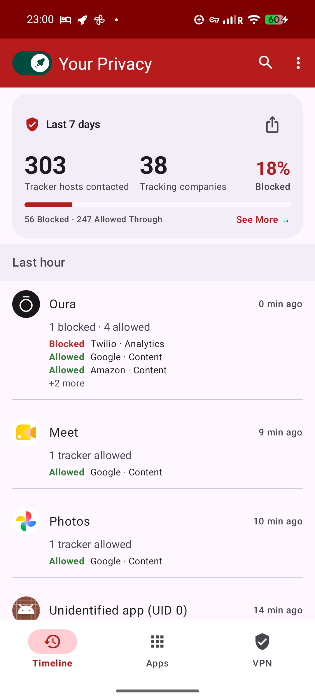 Privacy timeline with blocked and allowed tracker connections