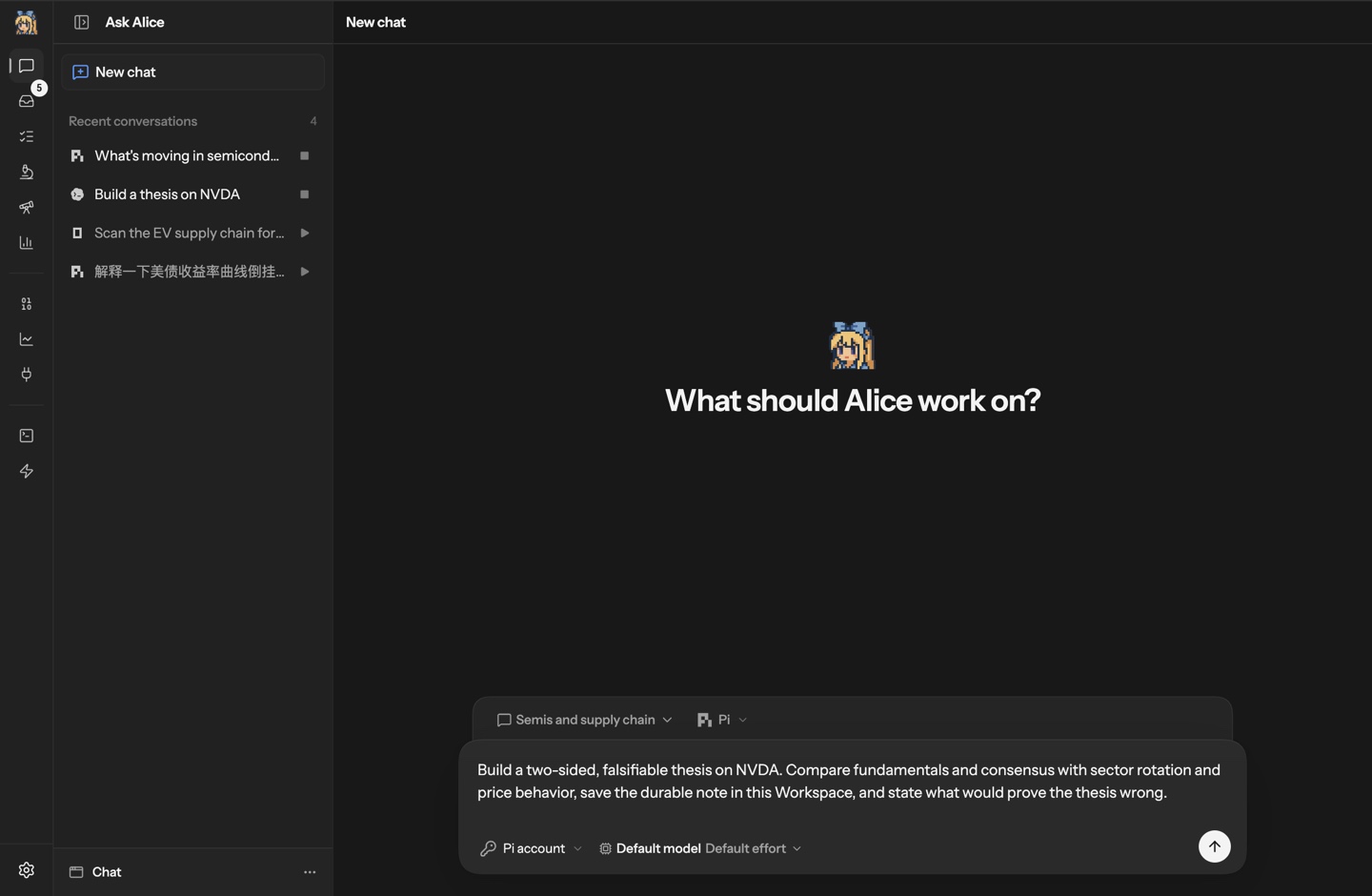 Ask Alice: choose a Workspace and agent, then start a market research task