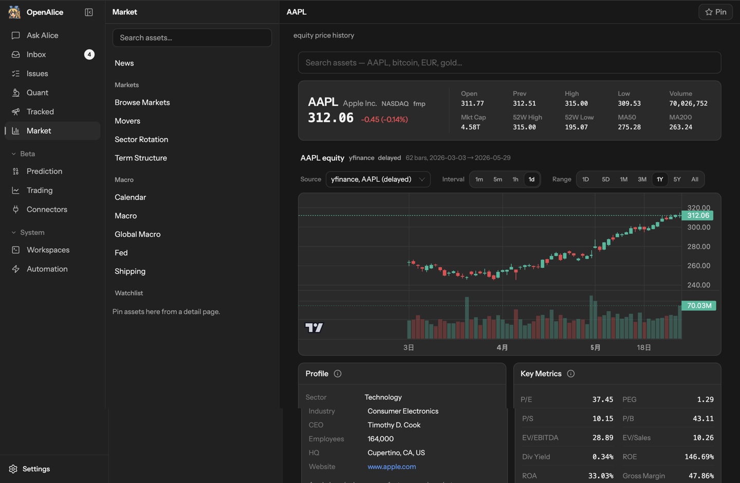 Market view with price history, company profile, and fundamental metrics