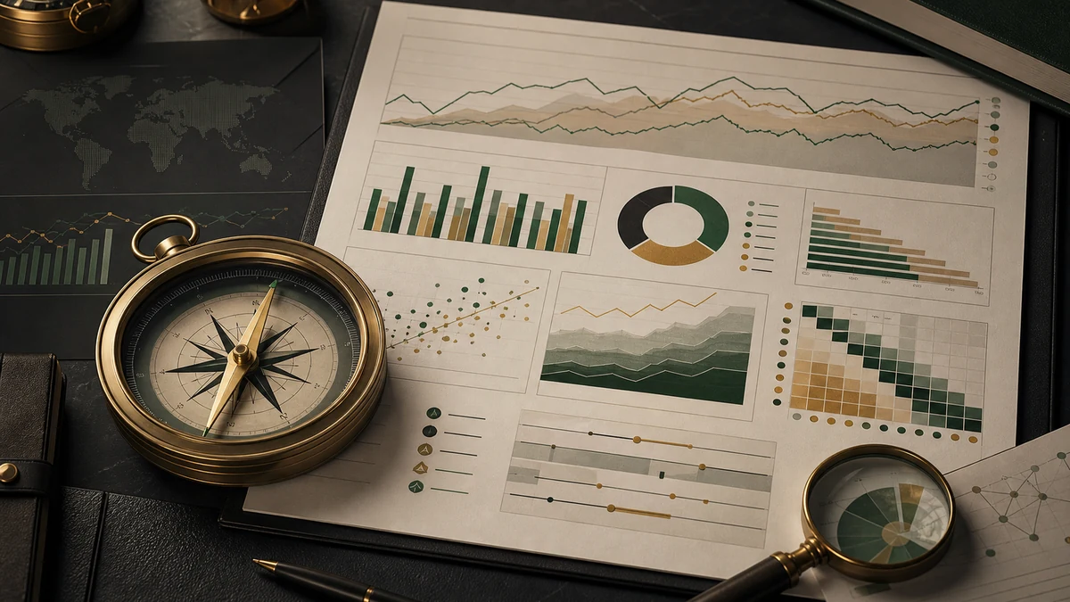 Financial reports, statistics and a compass representing capital insight