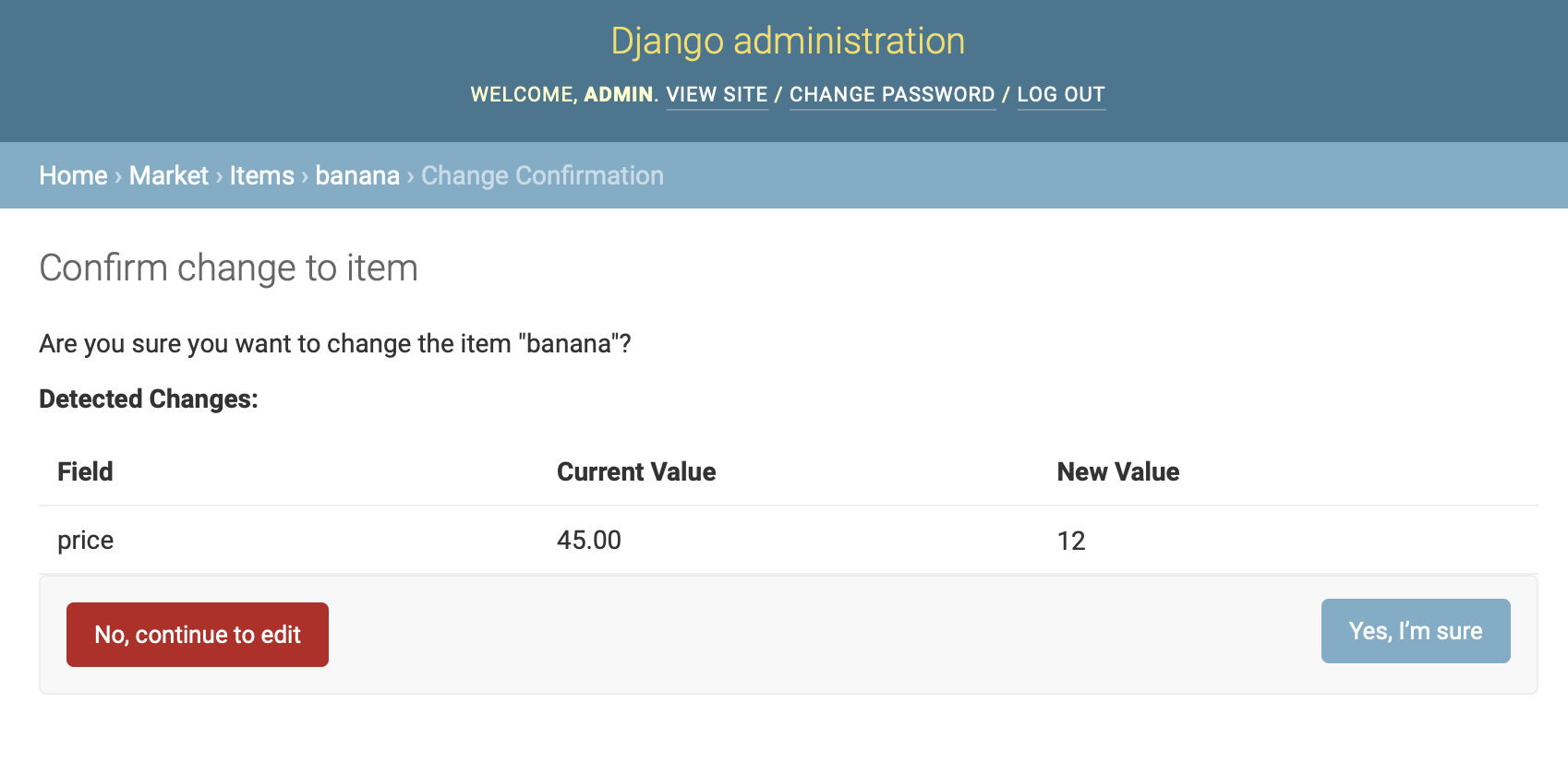 Screenshot of Change Confirmation Page