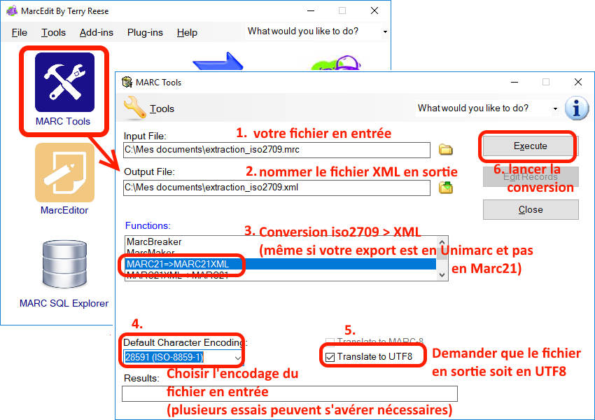 Copie d'écran Conversion iso2709 > XML avec MarcEdit