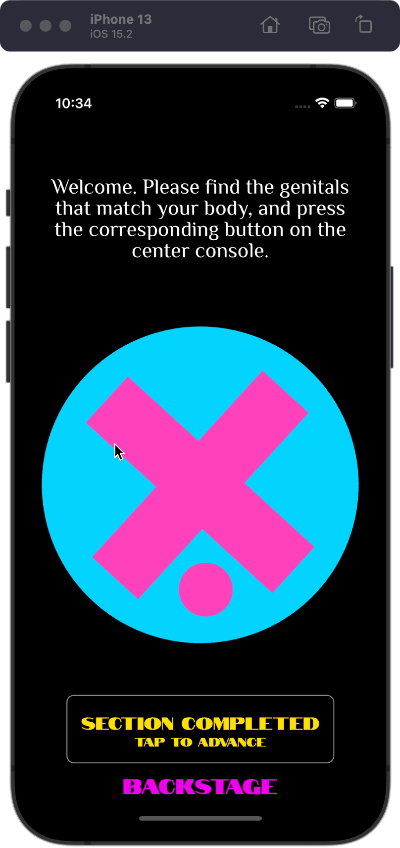 A spinning x and circle like a person's body in a pink circle that is spinning