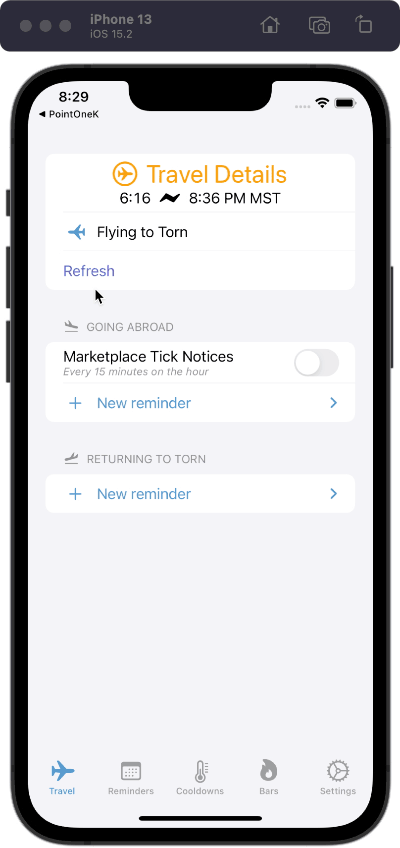 Updating travel status; adding, editing, and removing reminders