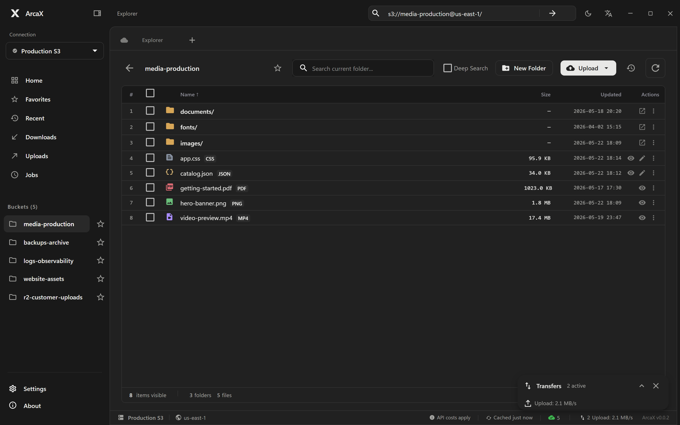 ArcaX object browser showing folders and files in an S3 bucket