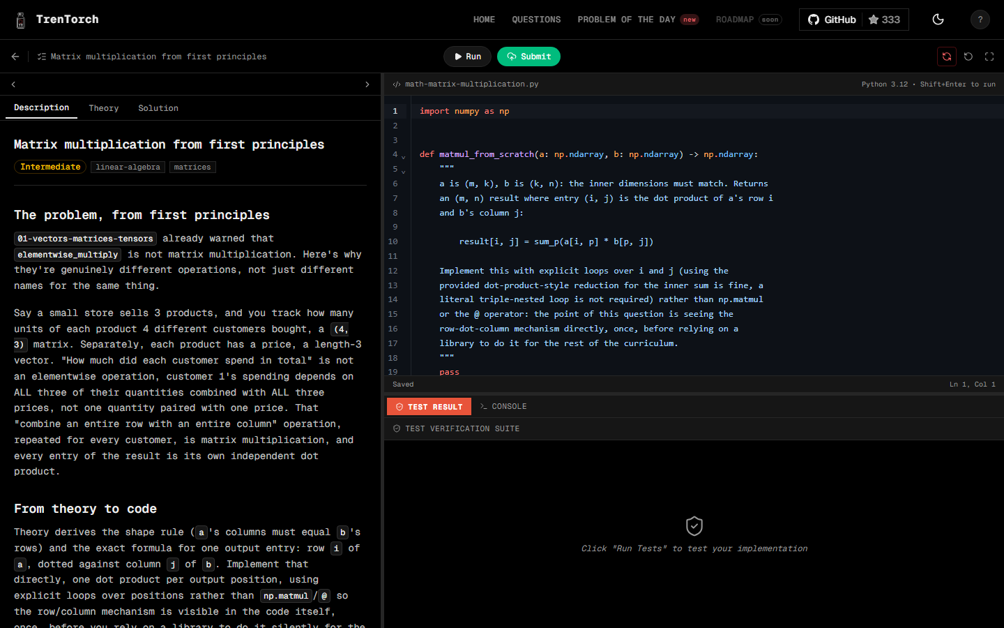 The TrenTorch in-browser editor: problem statement on the left, Python editor and test results on the right