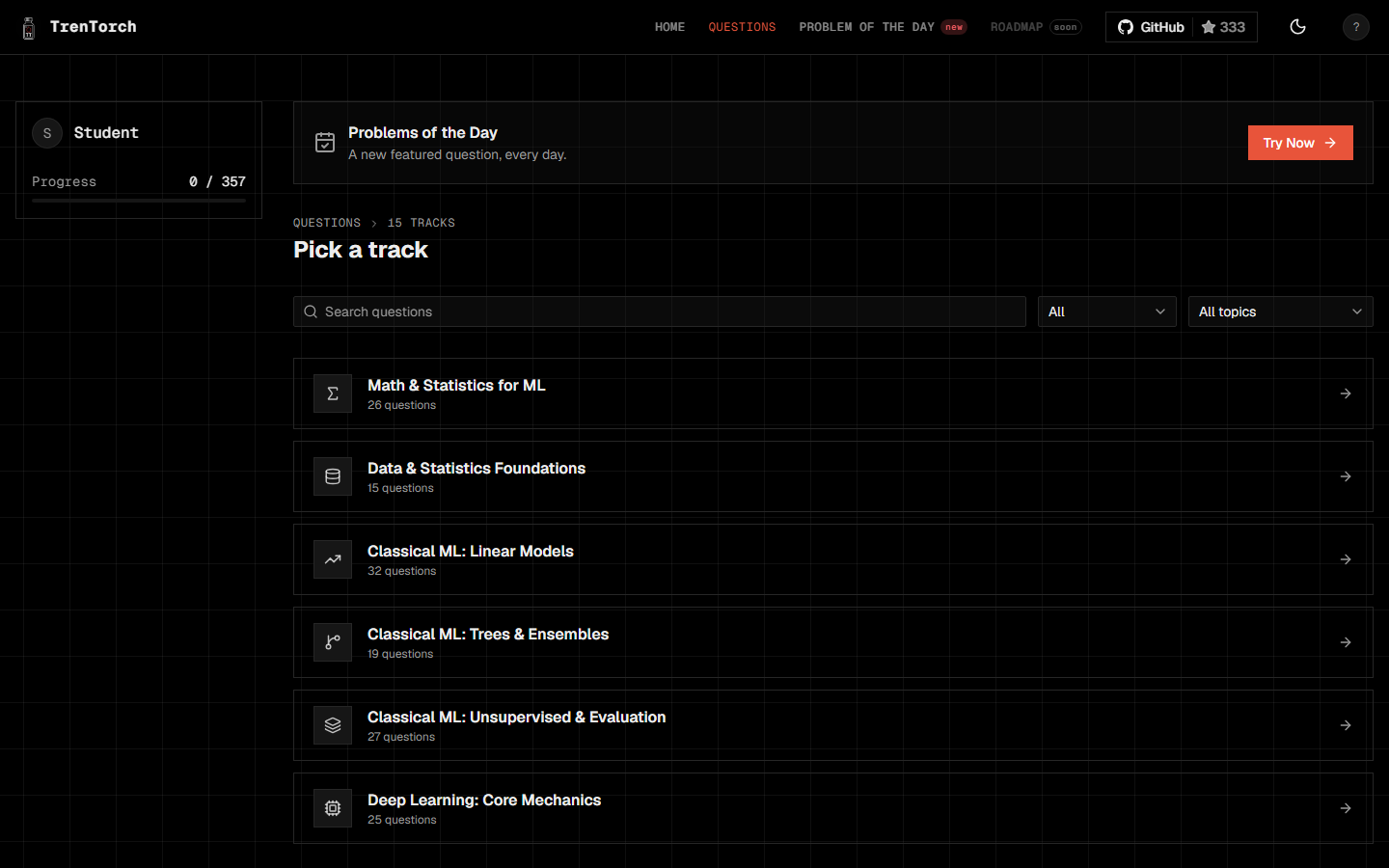 The TrenTorch questions page: a list of tracks with question counts and a progress bar