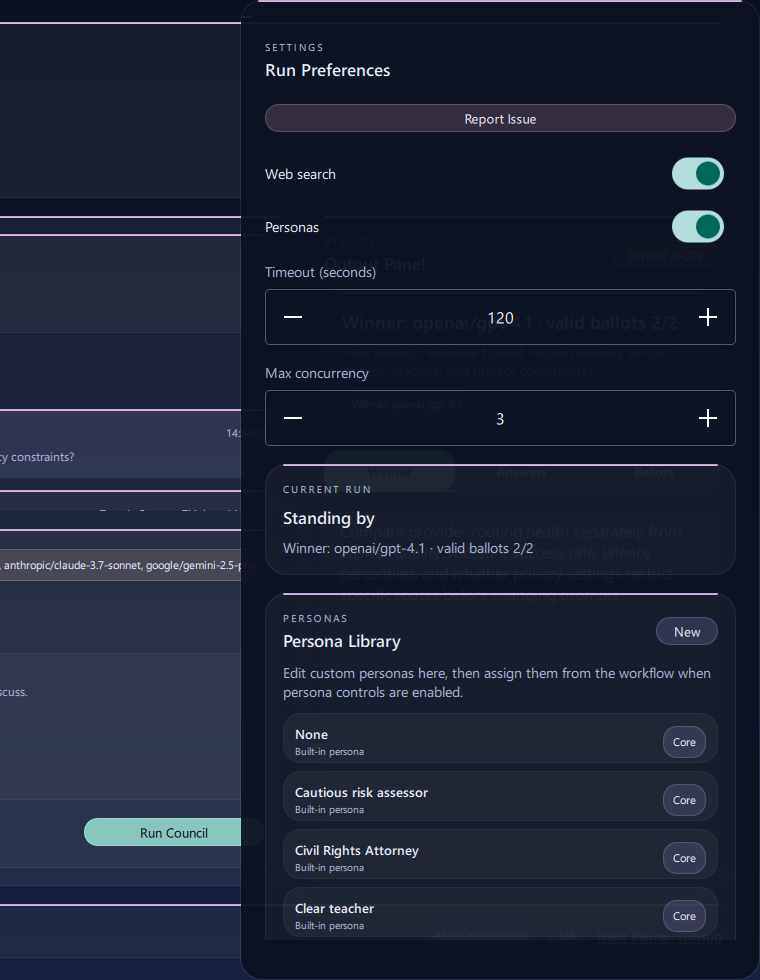 PolyCouncil settings and persona library