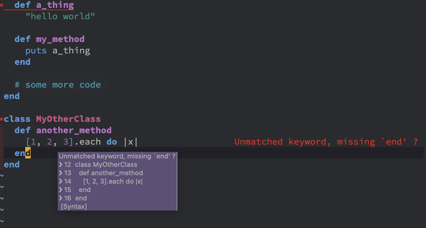 emacs shows output from this solargraph plugin. It uses dead_end gem to show you where your code has a broken block