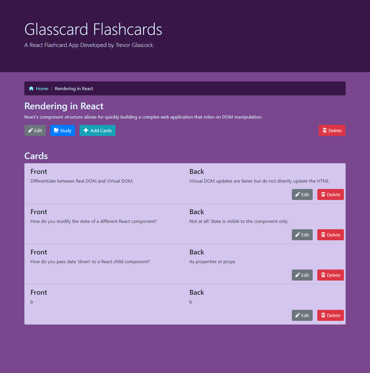 GitHub - TrevorGlascock/Glasscard-flashcards: Full-Stack React App