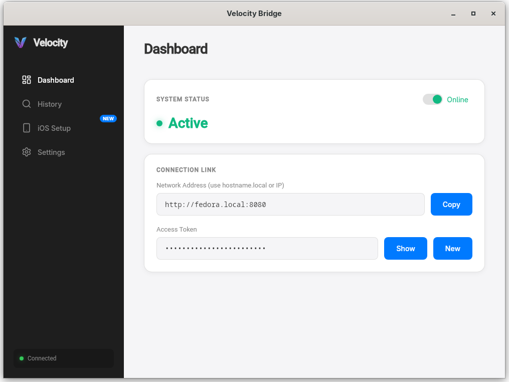 Velocity Bridge Main Dashboard - Linux Clipboard Manager