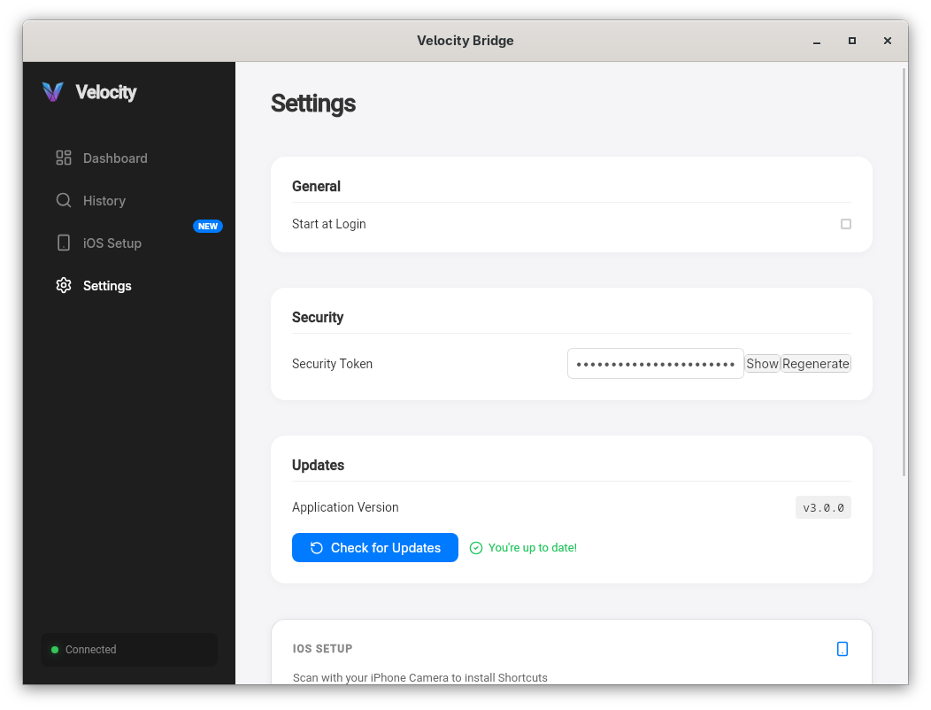Velocity Bridge Settings Panel - Dark Mode