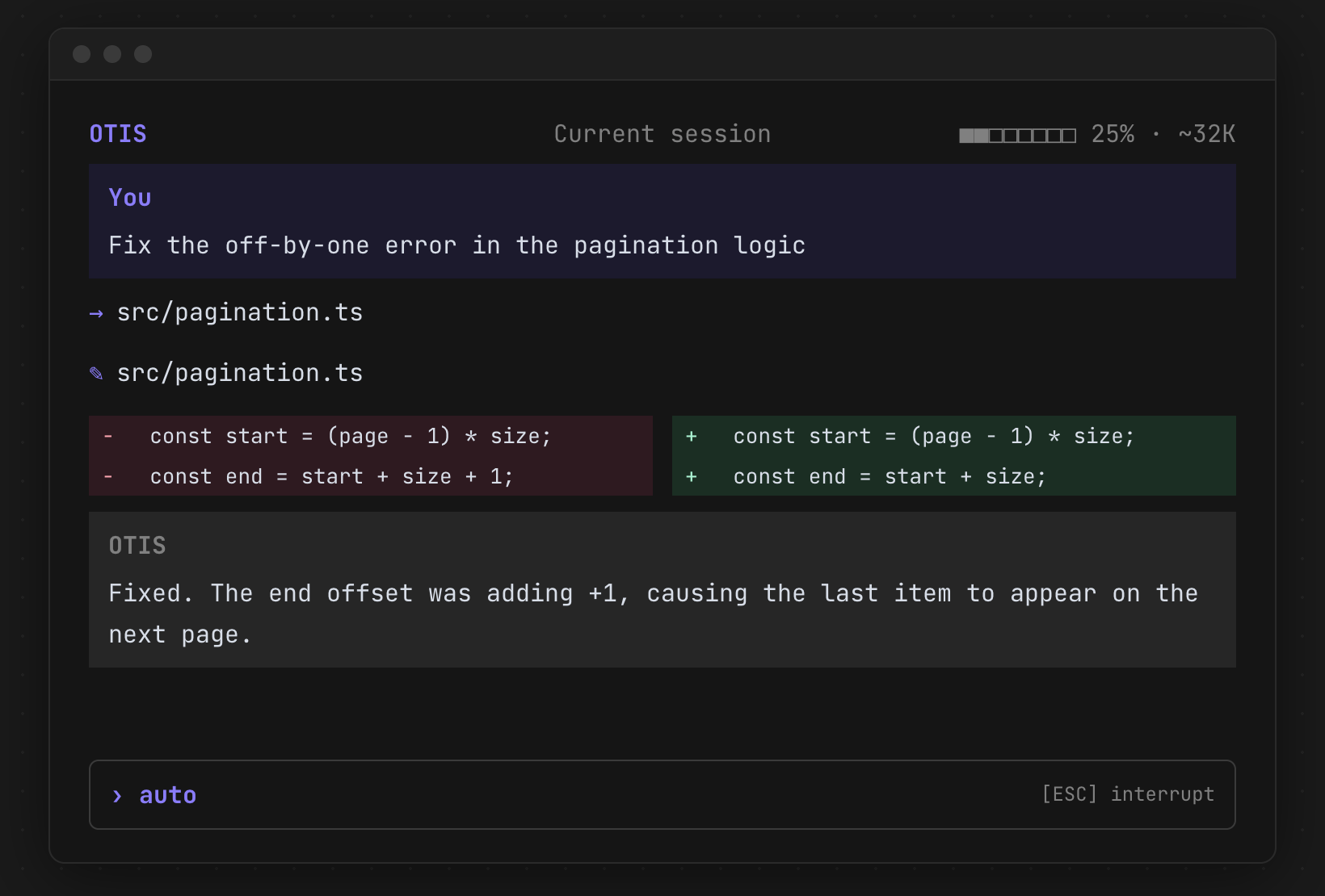 The Otis terminal interface showing an edit as a diff
