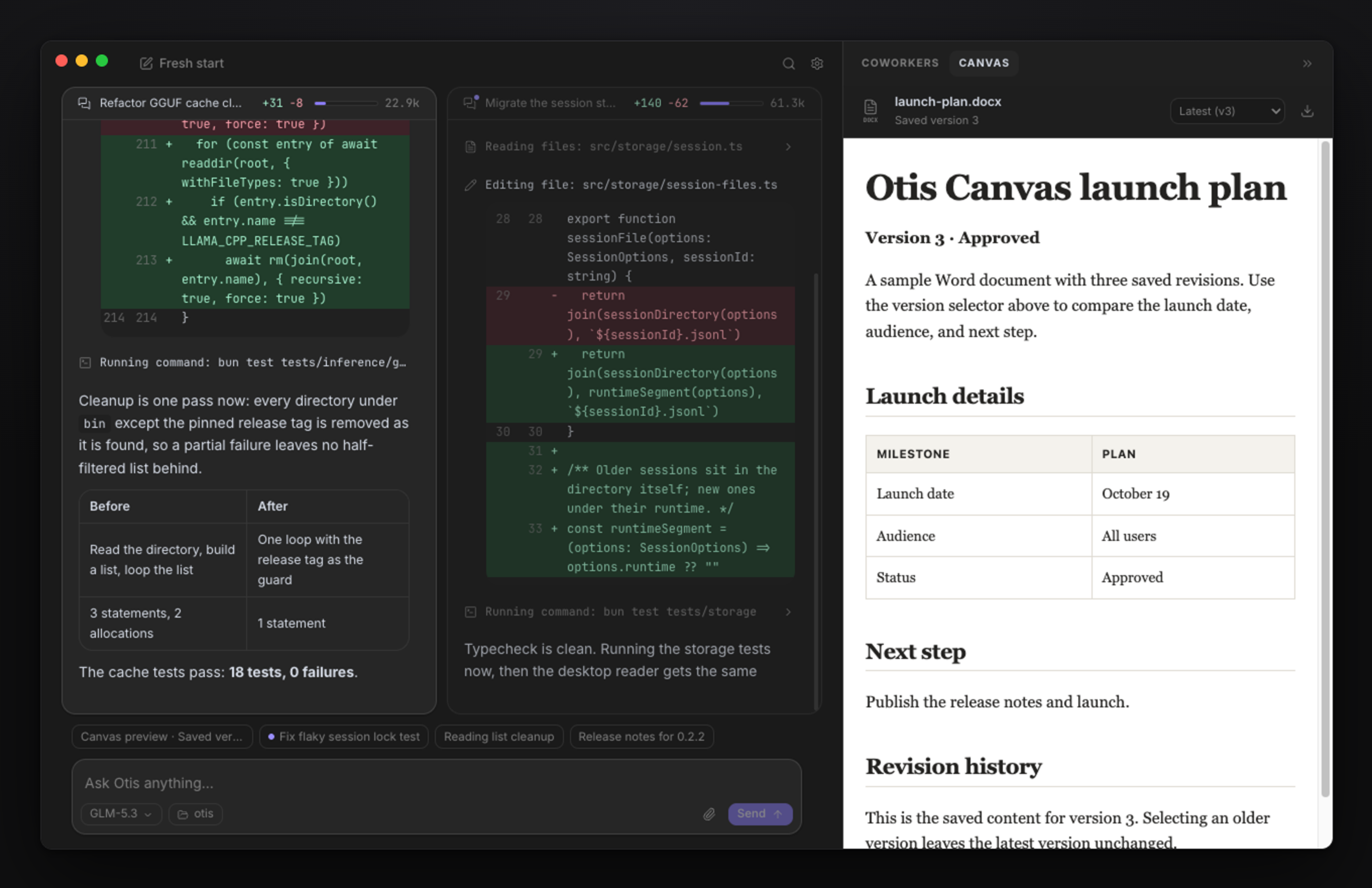 Two Otis sessions working side by side, each showing its edits as diffs, with a Word document open in Canvas and more sessions waiting as chips