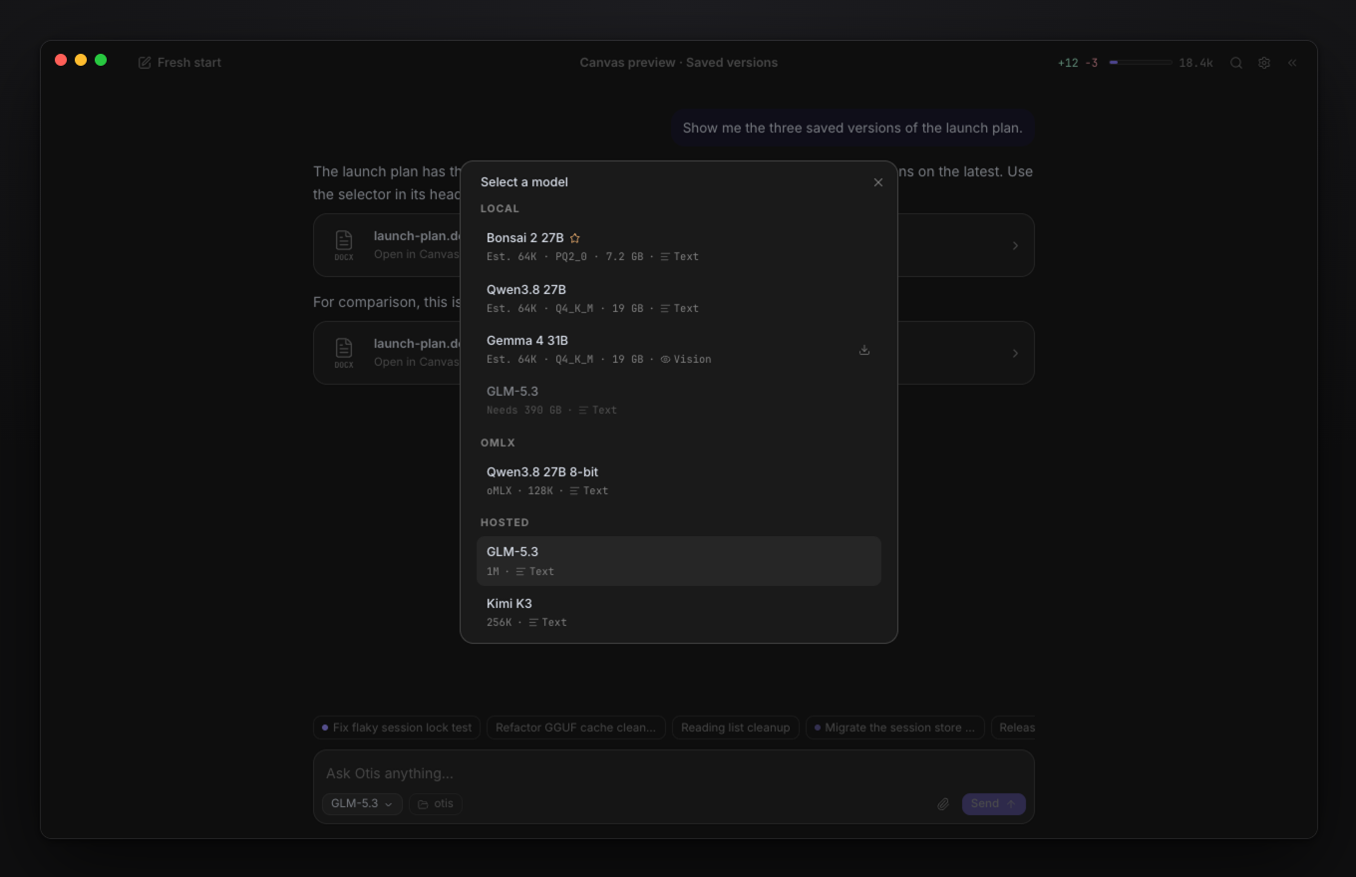 The model picker with local, oMLX, and hosted sections