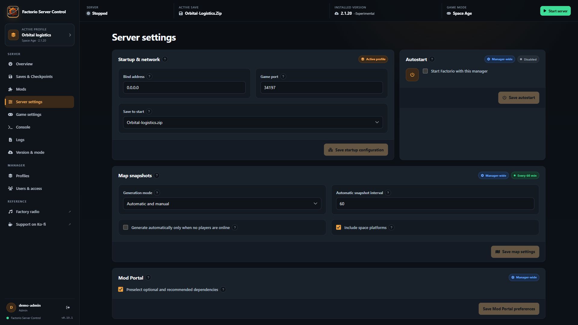 Factorio Server Control Mod Portal preferences