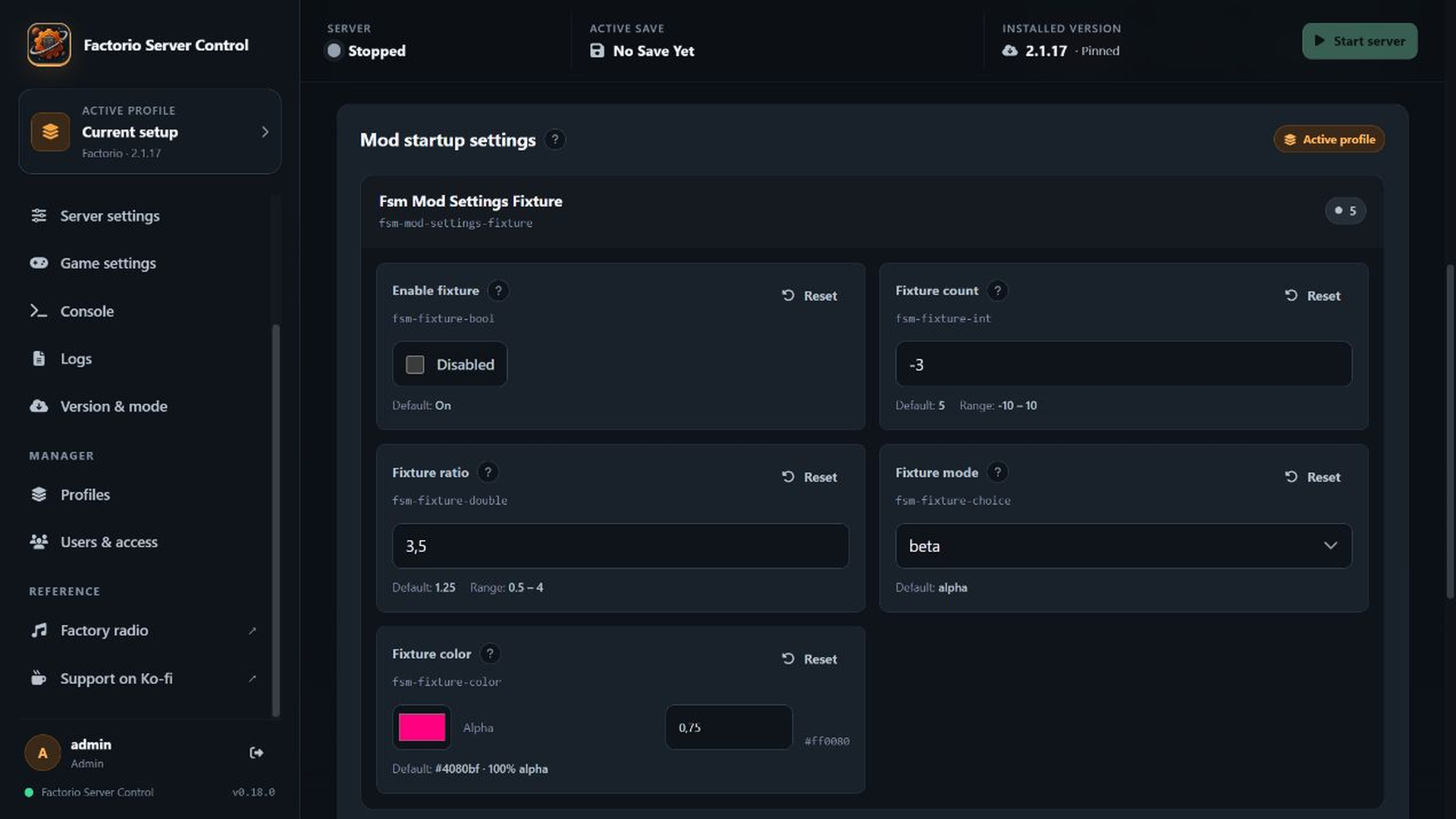 Factorio Server Control mod startup settings