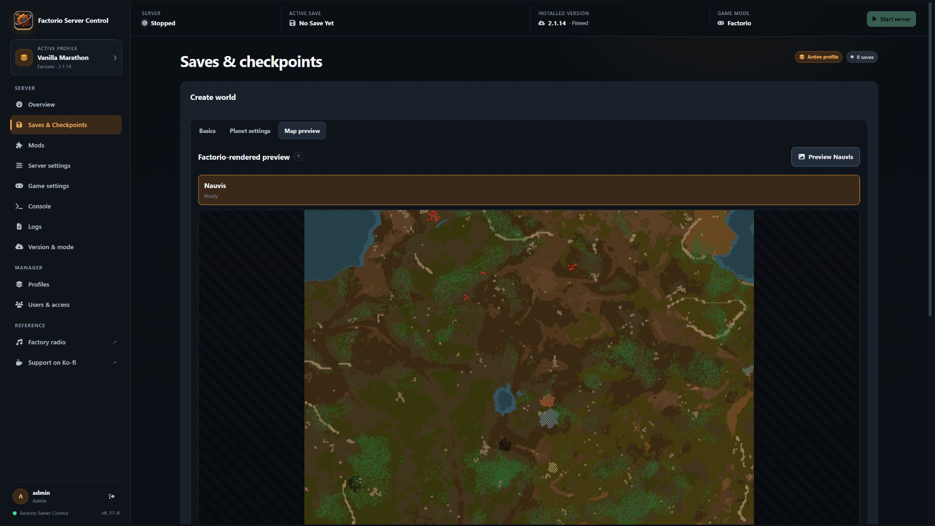 Factorio Server Control new-world preview