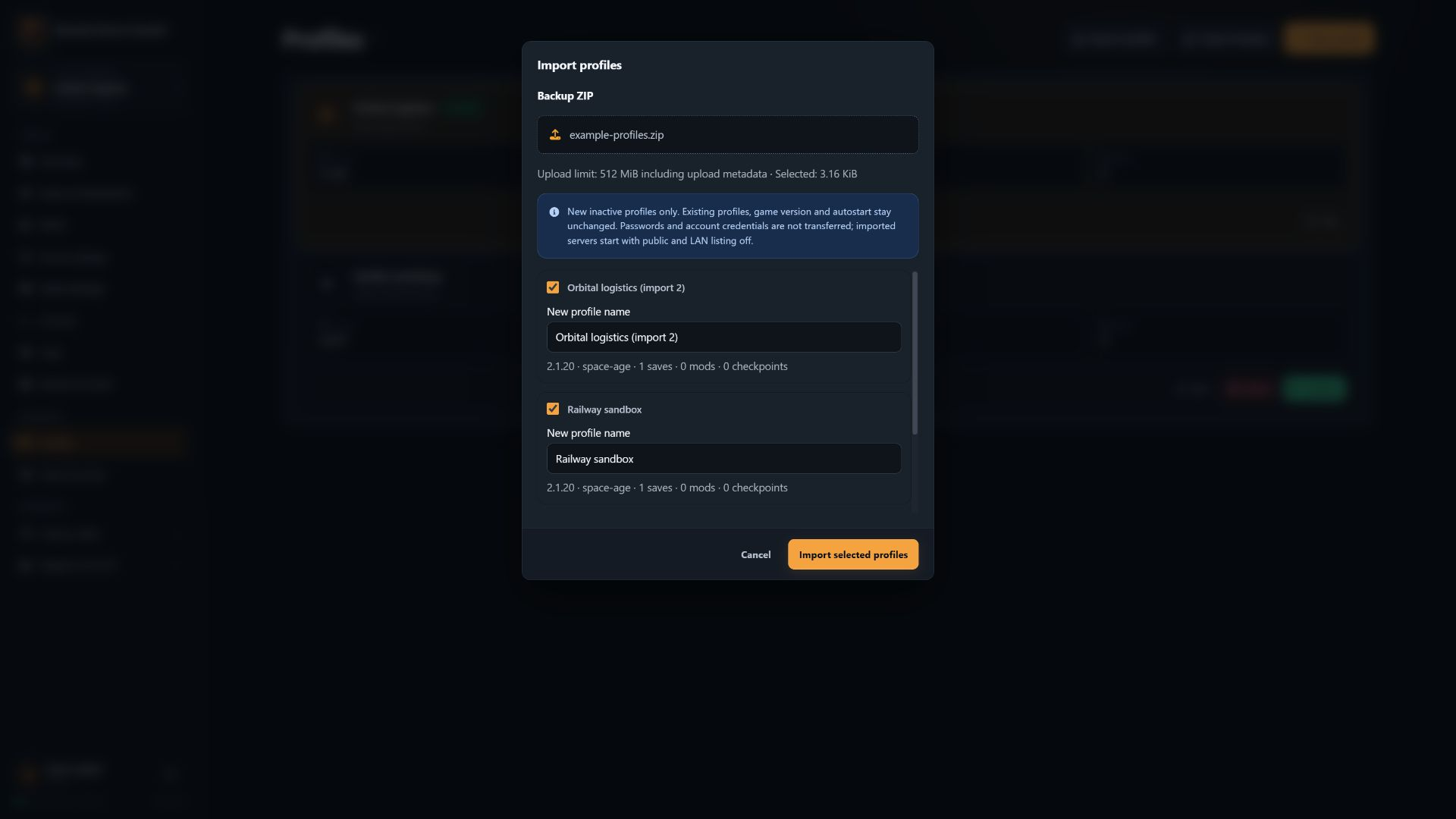 Factorio Server Control profile backup preview