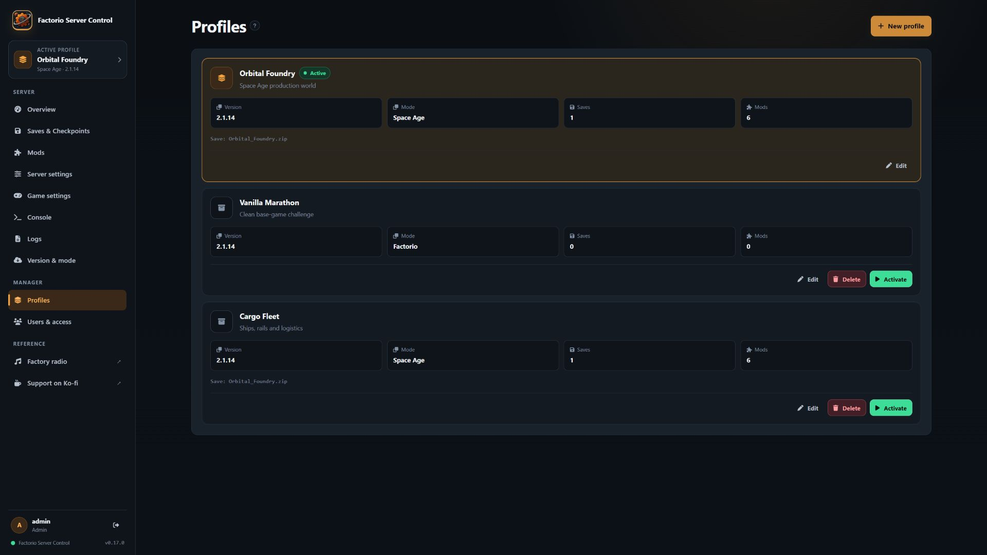 Factorio Server Control profile library