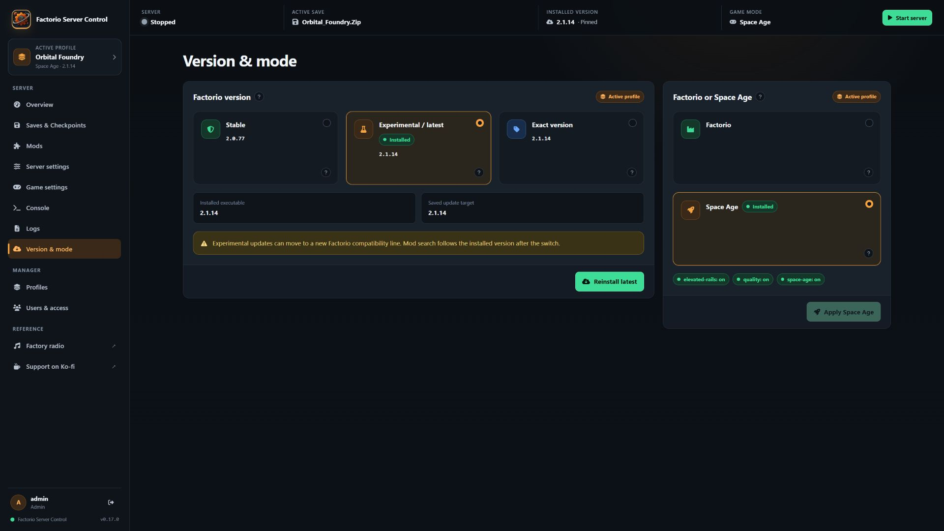 Factorio Server Control version and mode selection