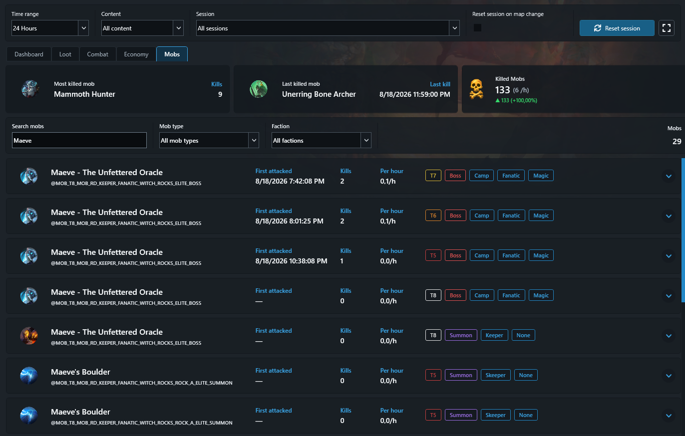 Dashboard mob statistics with search filters and detailed kill information