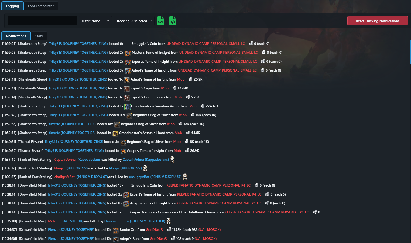 Logging tab with collected items, Fame, Silver, and Faction Points
