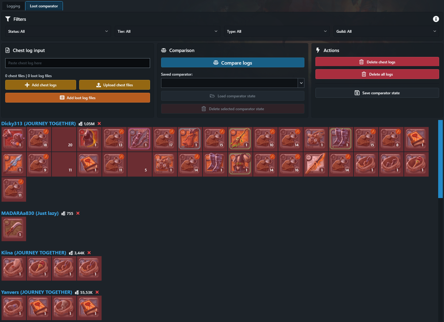 Loot Comparator showing imported logs and loot grouped by player