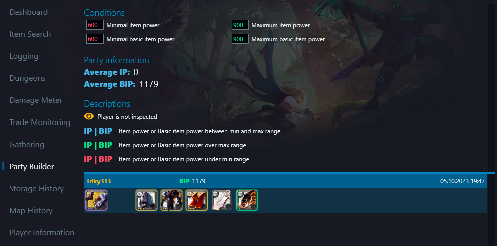 Party Builder showing party equipment and item power