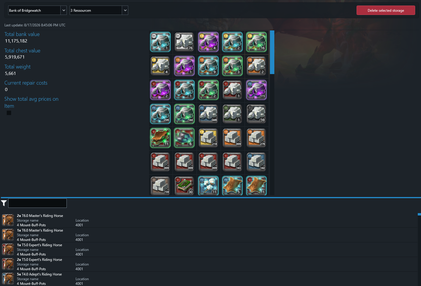 Storage History with previously recorded chest contents