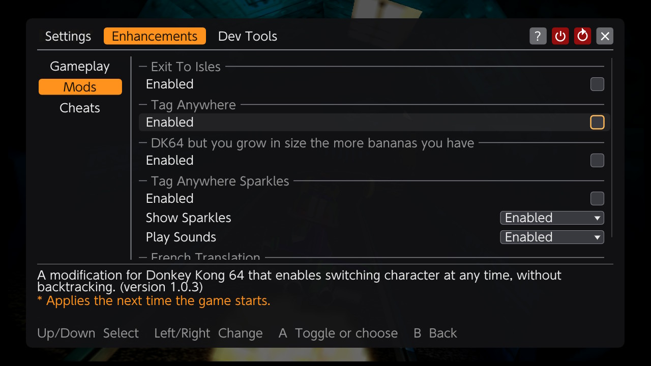 NX Options, Enhancements tab, Mods section with Tag Anywhere and Tag Anywhere Sparkles