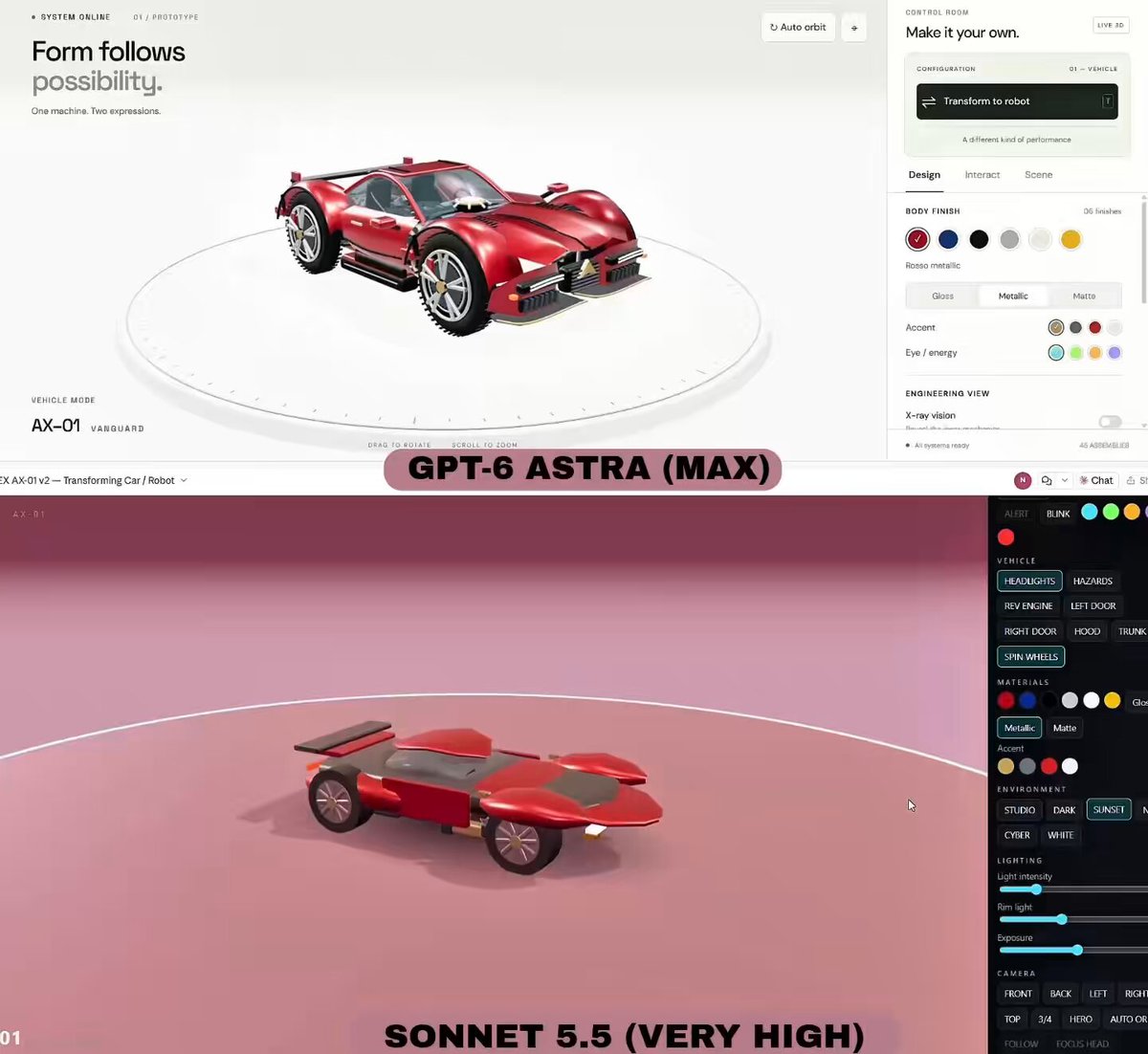 Transforming sports car with x-ray exploded view