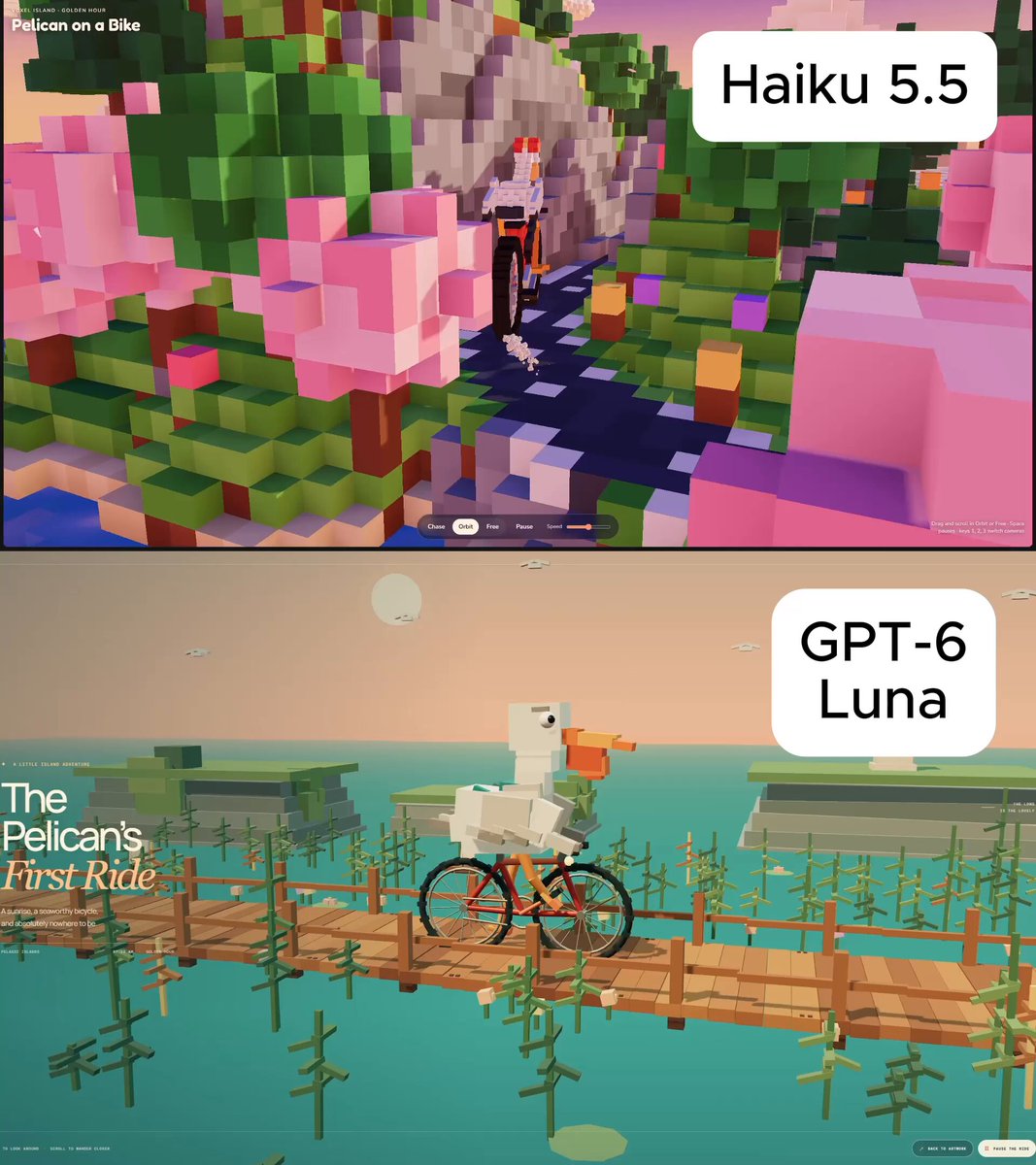 3D voxel world of a pelican riding a bike