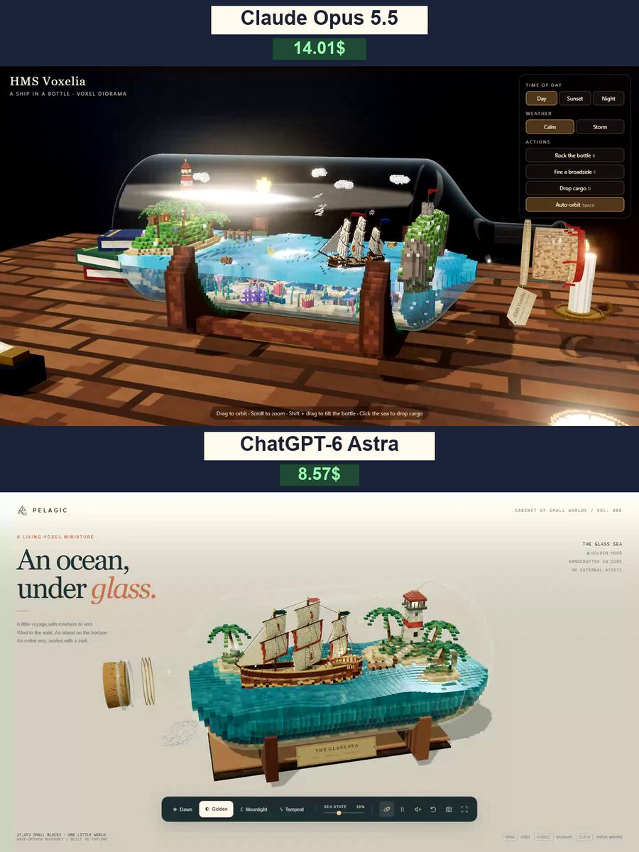 Voxel ship-in-a-bottle WebGL scene