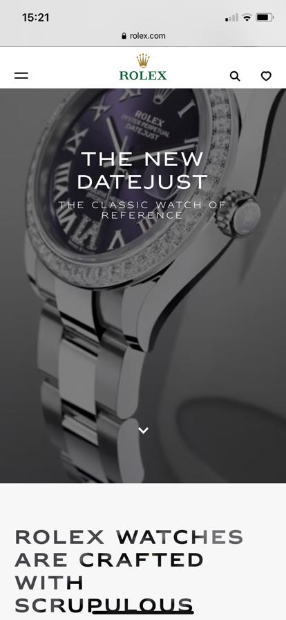 De homescreen van de website van Rolex boven sectie.