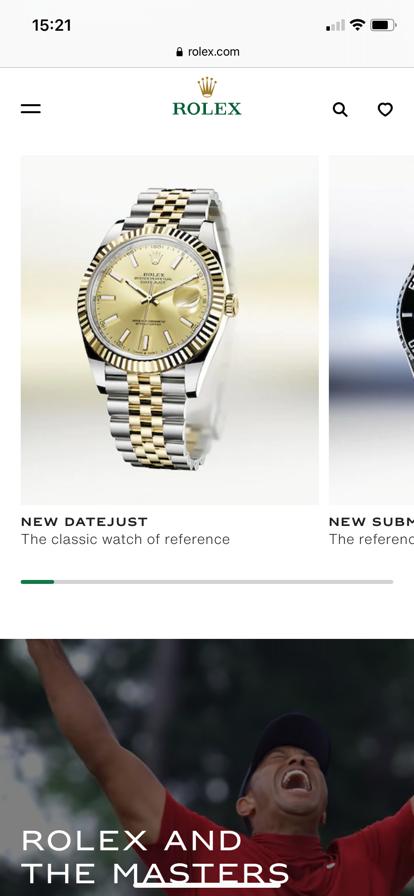 De homescreen van de website van Rolex midden sectie.