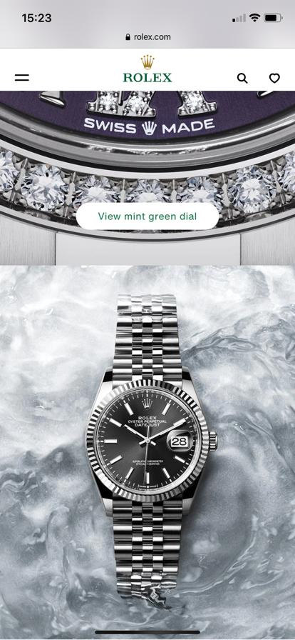 De detailpagina van een Rolex horloge op de website van Rolex boven sectie.