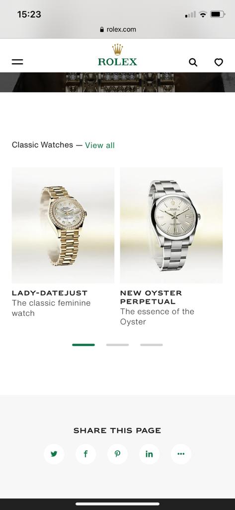 De detailpagina van een Rolex horloge op de website van Rolex midden sectie.