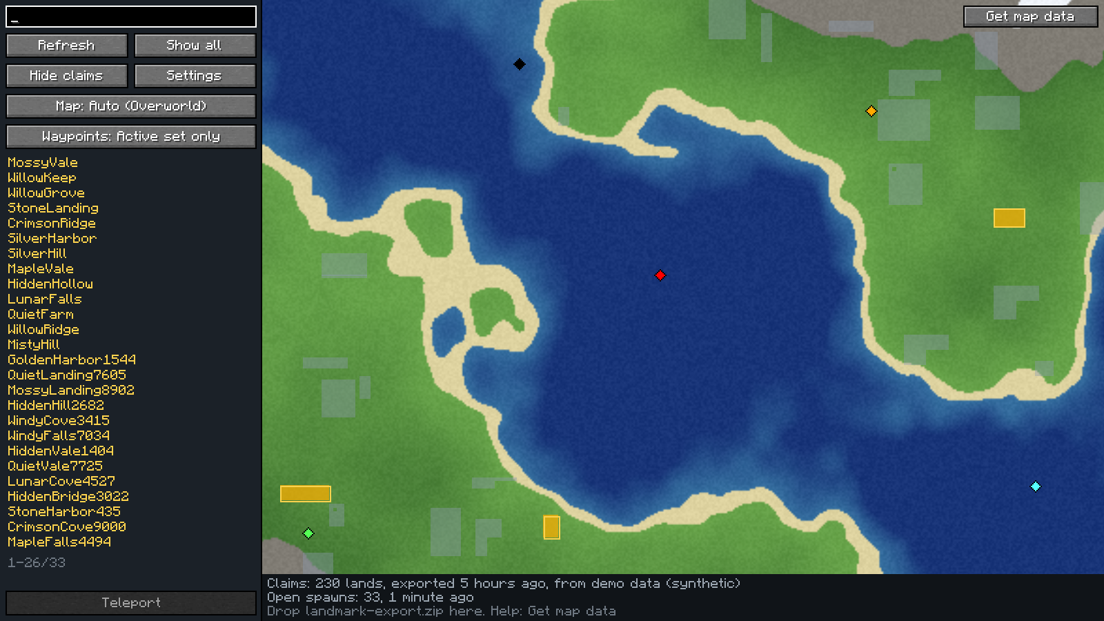 The map with open-spawn lands highlighted in amber