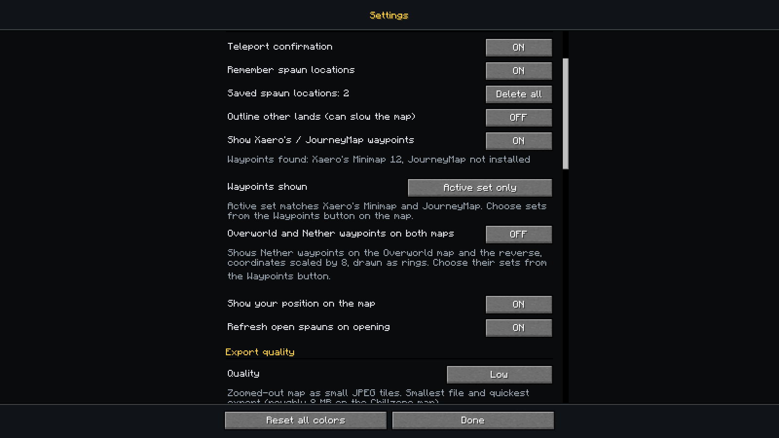 The settings screen