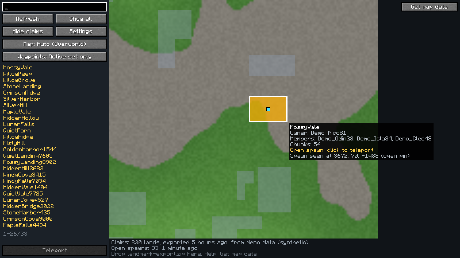 Hovering a land shows its owner, members, size and spawn status