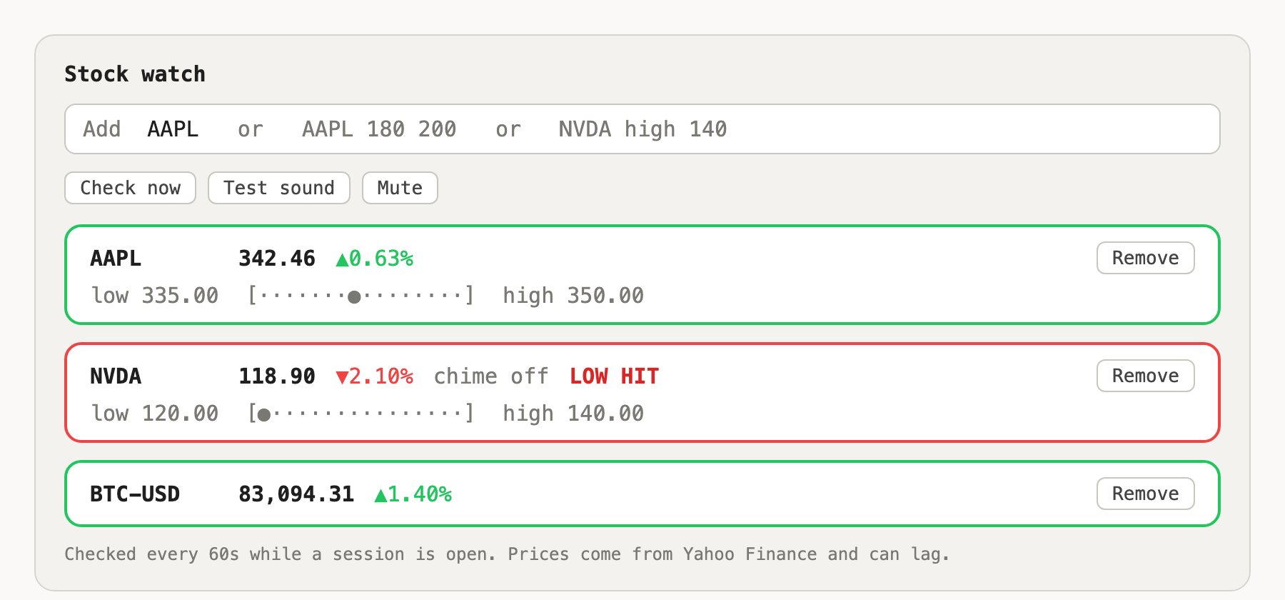 The /stock pane with a green AAPL pill, a red NVDA pill and a BTC-USD pill