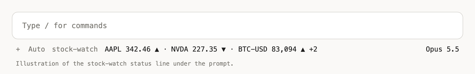 The stock-watch status line under the prompt