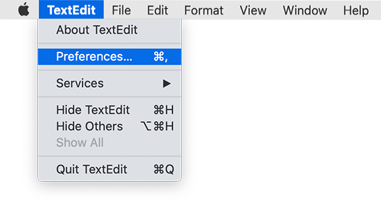 The TextEdit preferences in the menu bar