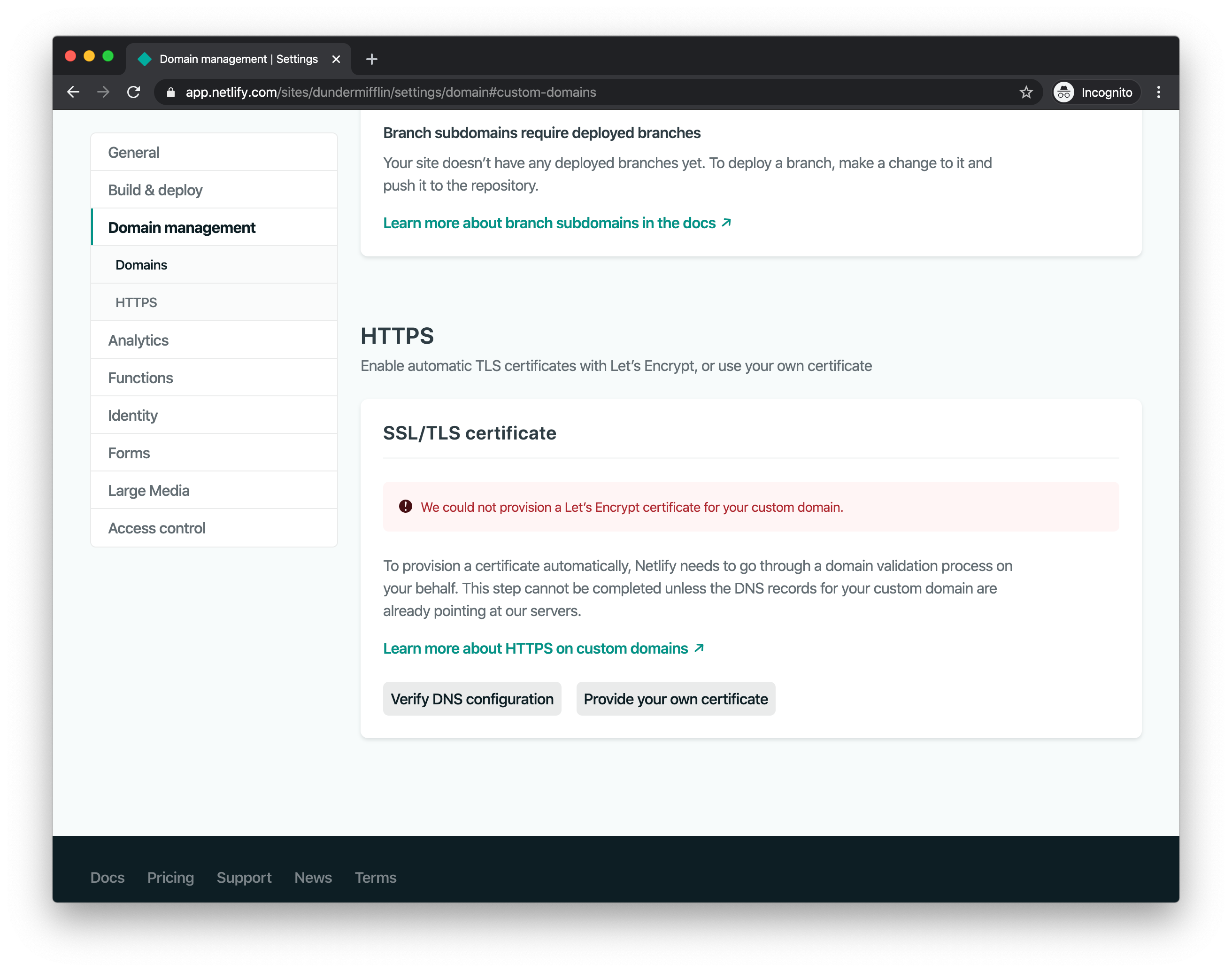 Netlify needs to verify your DNS to finish the process
