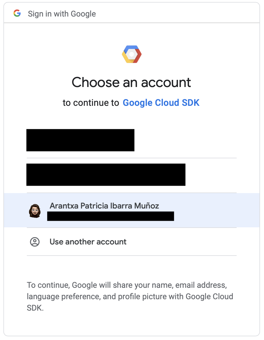 Choose account for Google Cloud SDK