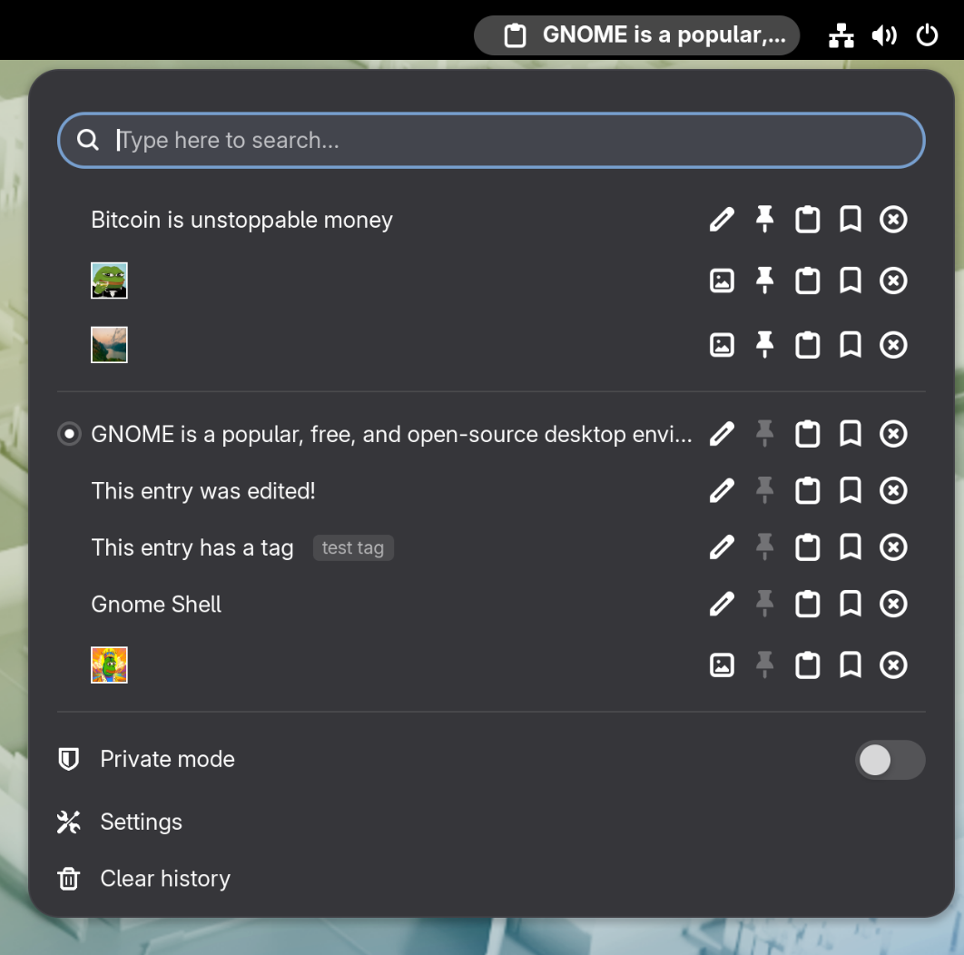 A screenshot of the clipboard manager, showing clipboard history including images
