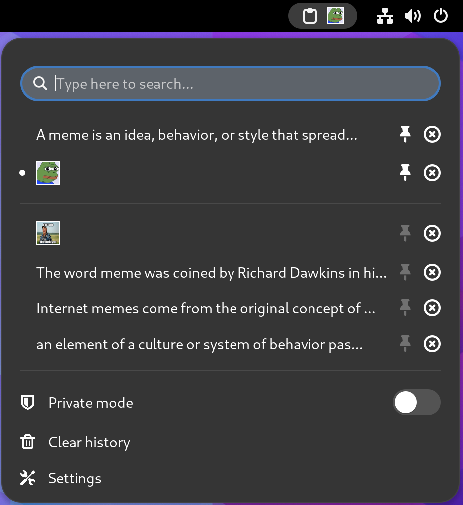 A screenshot of the clipboard manager, showing clipboard history including images