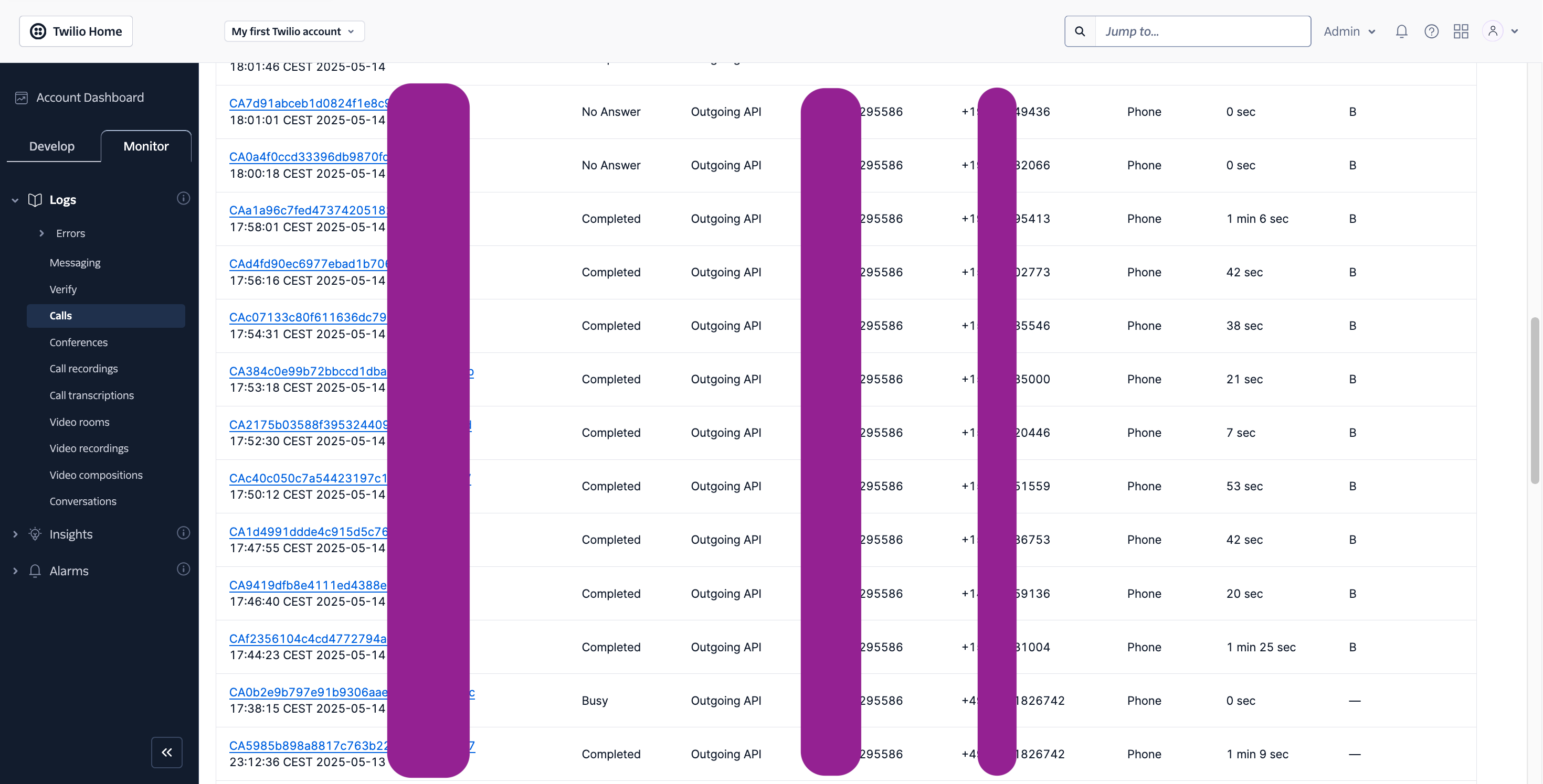 Twilio call logs