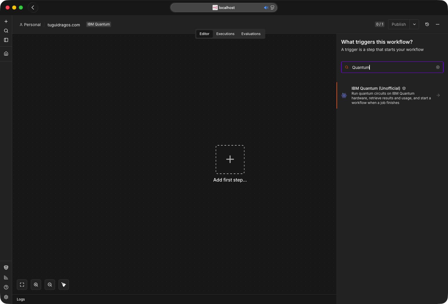 Searching for Quantum in the n8n trigger picker returns one IBM Quantum entry